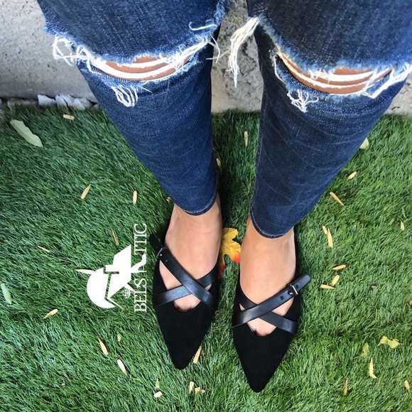 Vegan Suede Black Pointed Toed Slip On Flat Mules - Picture 2 of 5